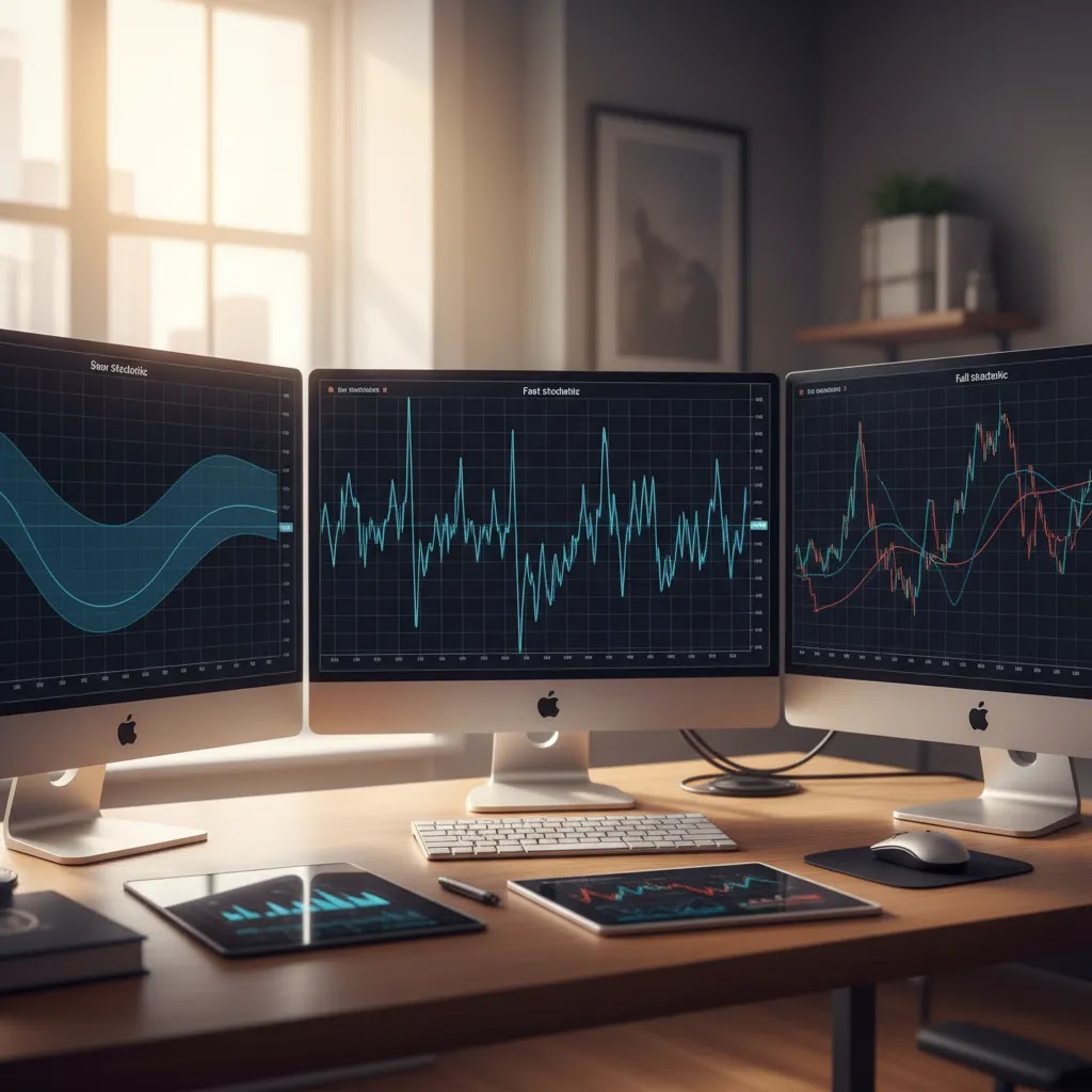 Stochastic settings comparison visual showing fast stochastic, slow stochastic, and full stochastic chart layouts