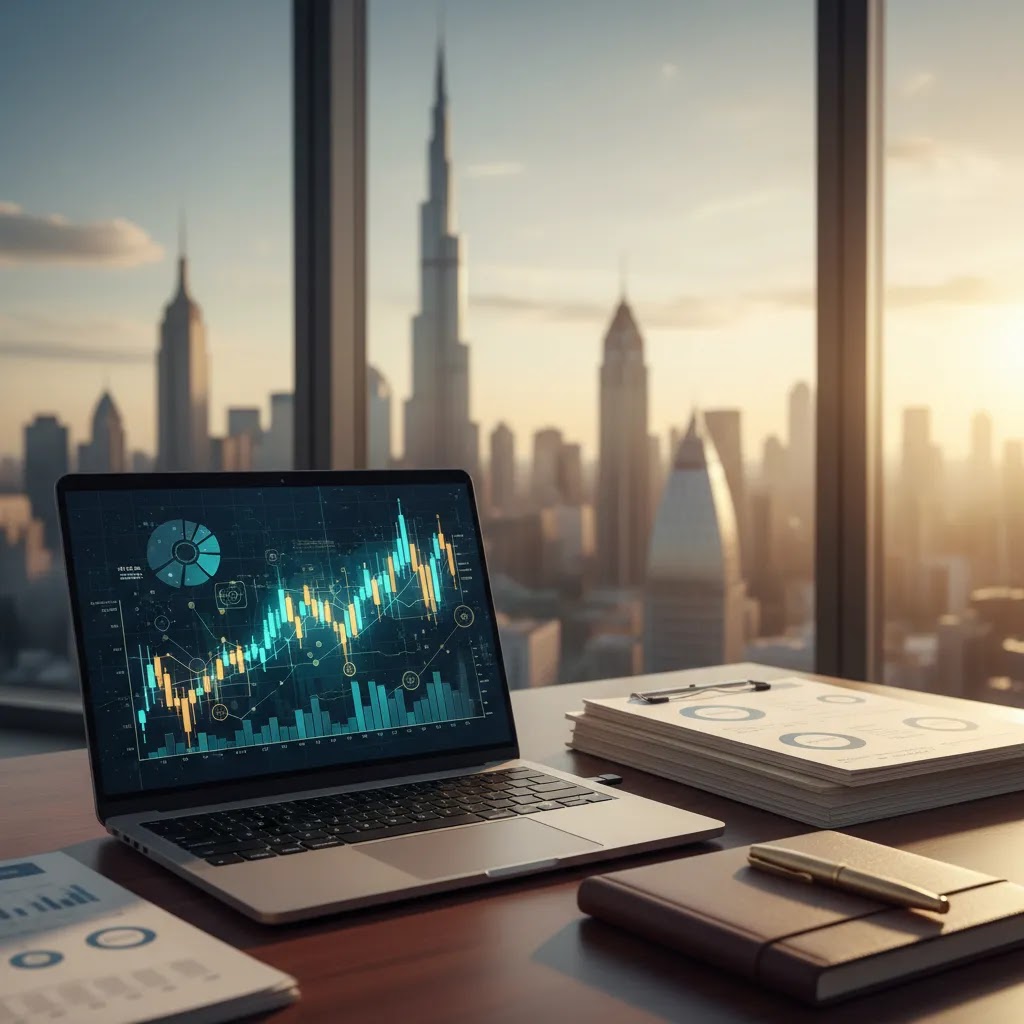 Stock exchange concept with global trading desk and market analysis for UAE investors
