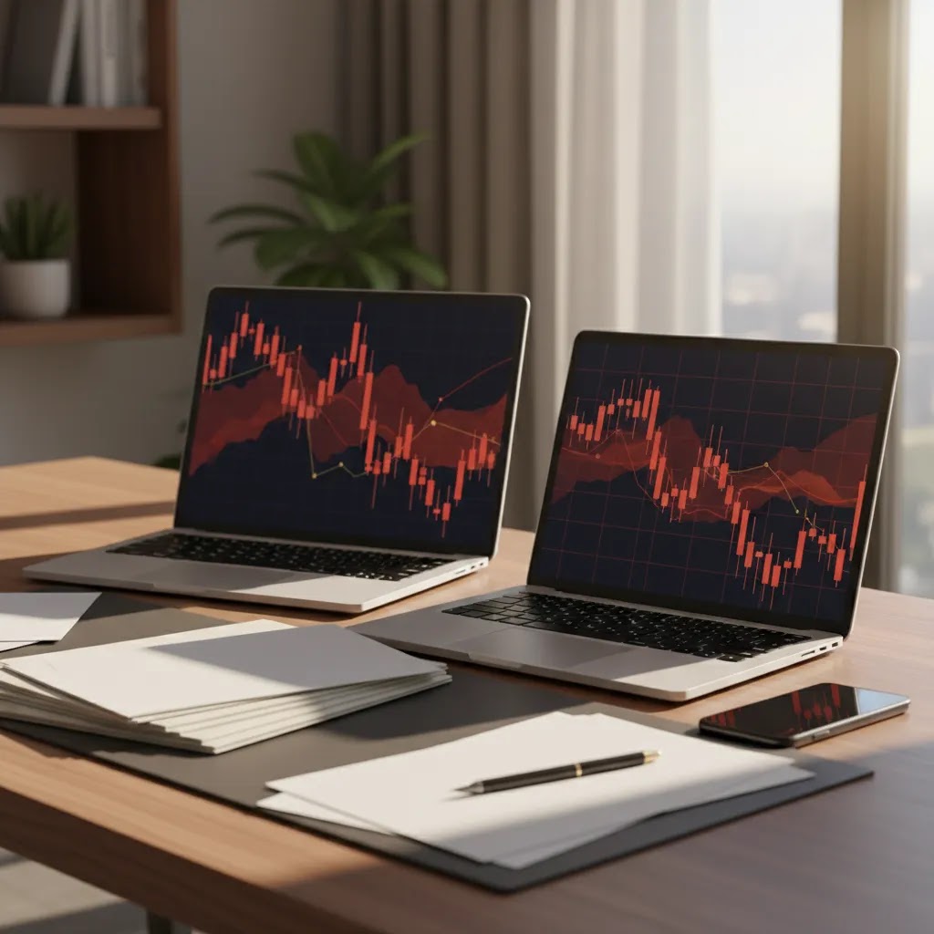 Stock market crash concept showing investor workspace with falling market charts and disciplined portfolio review