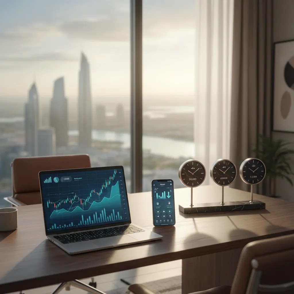 Stock market hours visual showing global market sessions in UAE time with trading desk setup