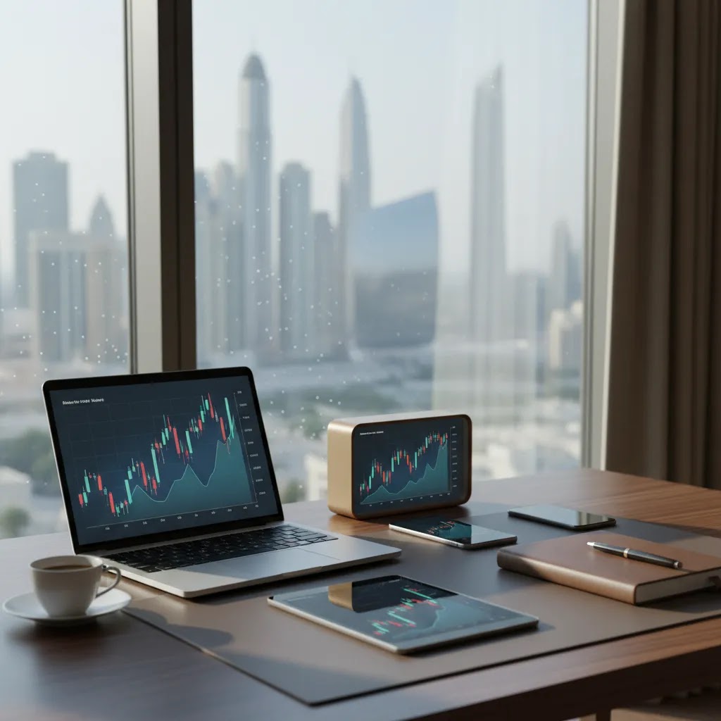 Stock market hours UAE concept with Dubai and Abu Dhabi trading session workspace