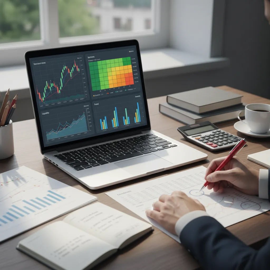 Stock screening for watchlist using charts and research tools to evaluate watchlist criteria