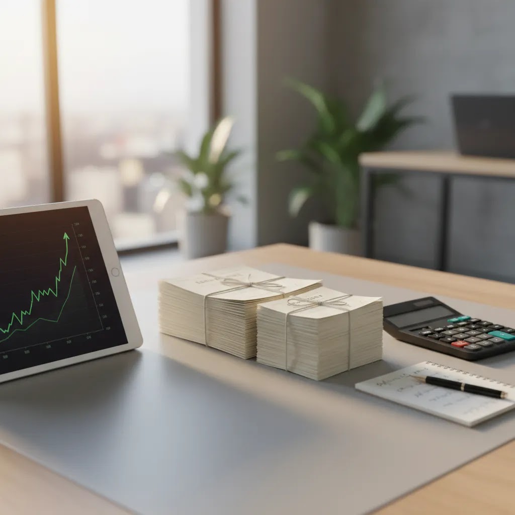 Stock split explained with investment documents, chart and calculator showing how share count changes while value stays proportionate