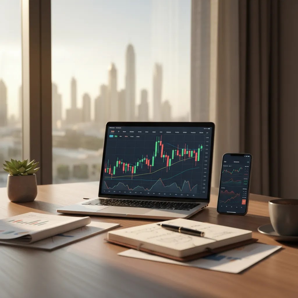 Stock trading guide in the UAE with laptop and mobile trading setup in a modern office