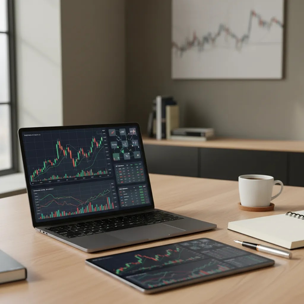 Stock watchlist setup on laptop and tablet showing a focused trading research workspace