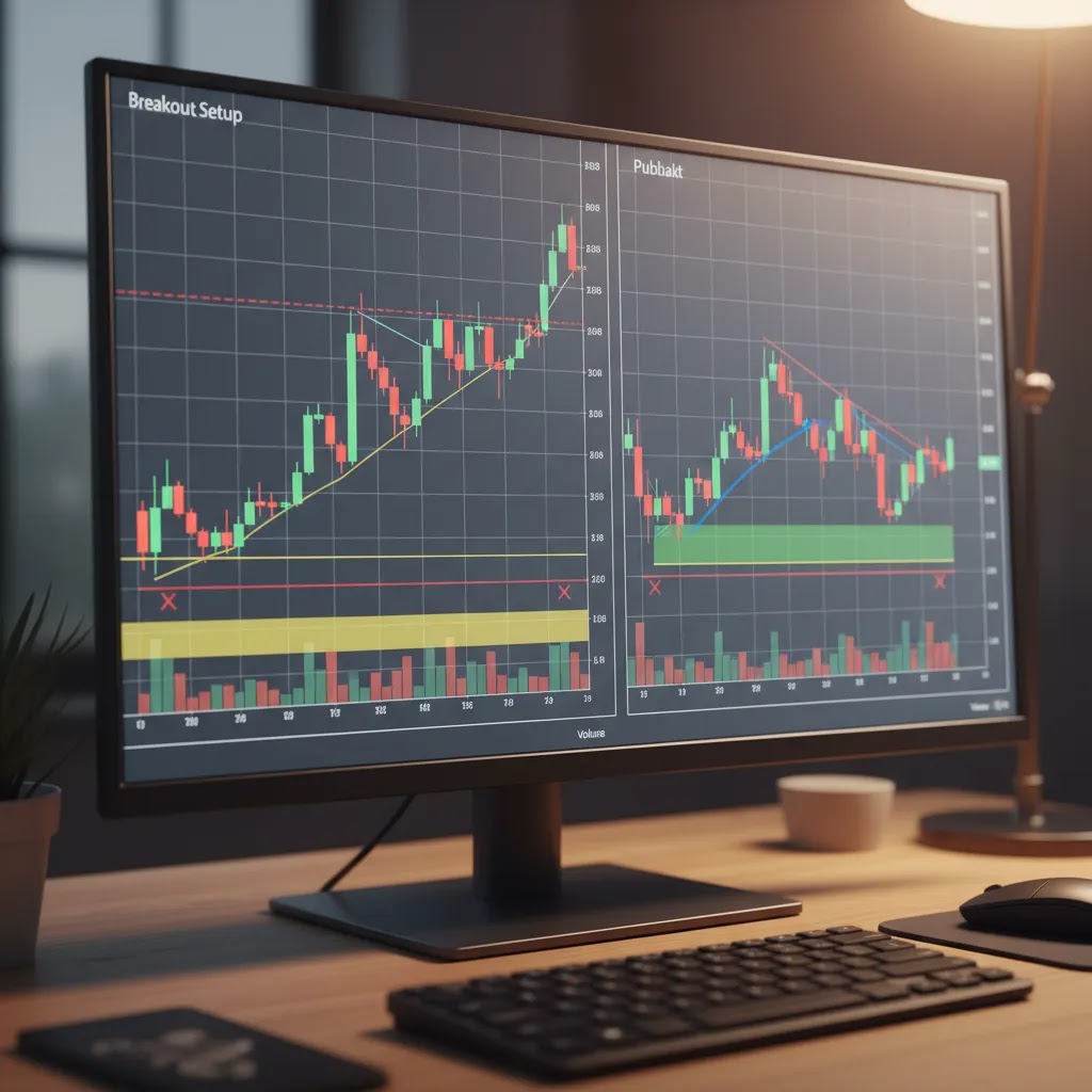 Stop loss placement techniques using chart structure with breakout and pullback setups on a trading screen