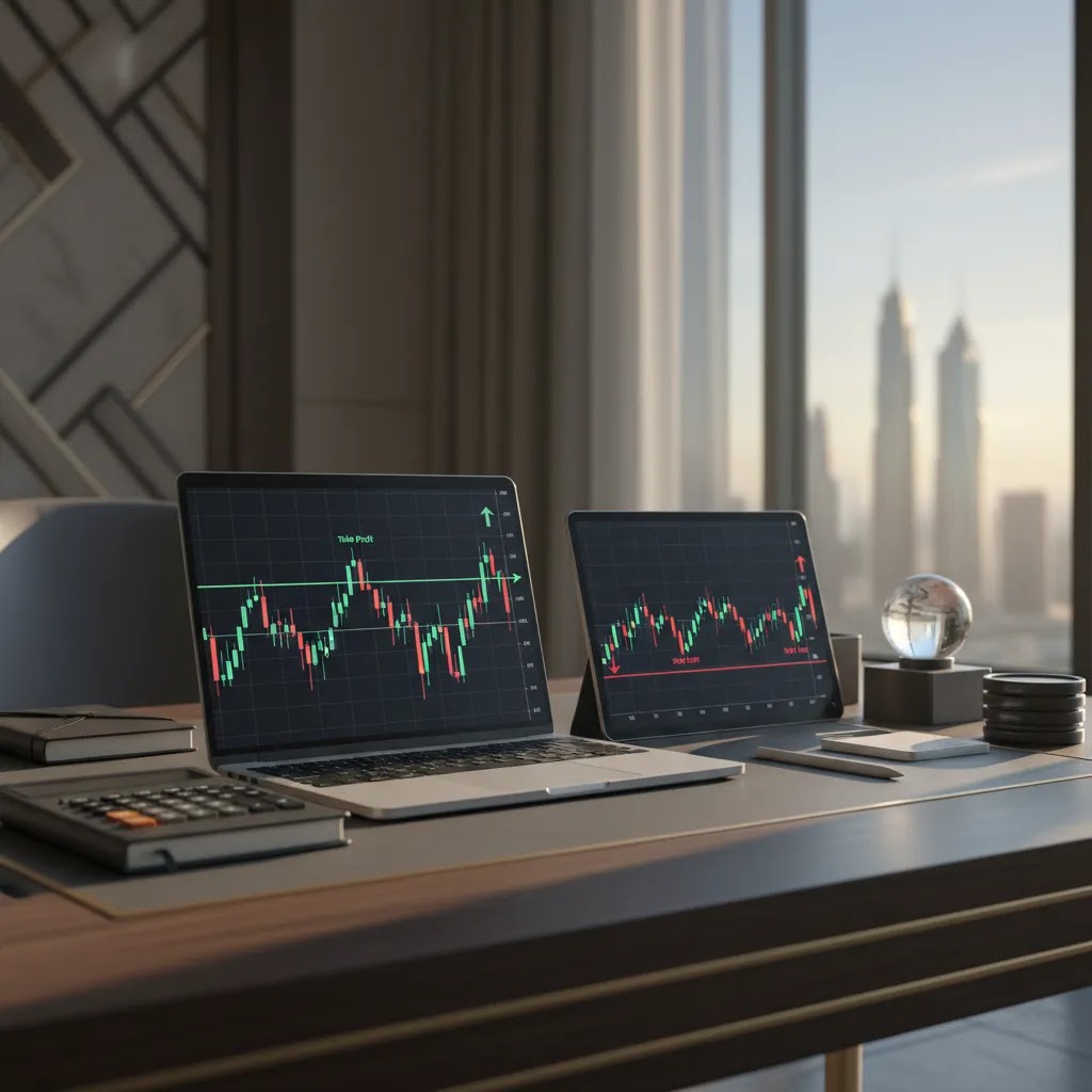 Stop loss strategy illustrated on a professional trading desk with charts and risk management tools