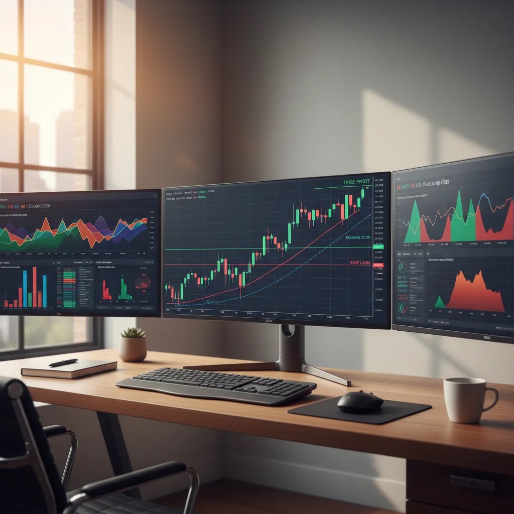 Order types trading example showing stop loss order, take profit order, and trailing stop on a rising chart