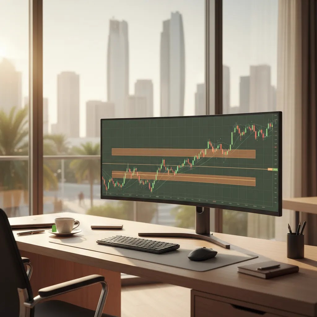Support and resistance guide showing a trading chart with key support and resistance levels on a professional desk