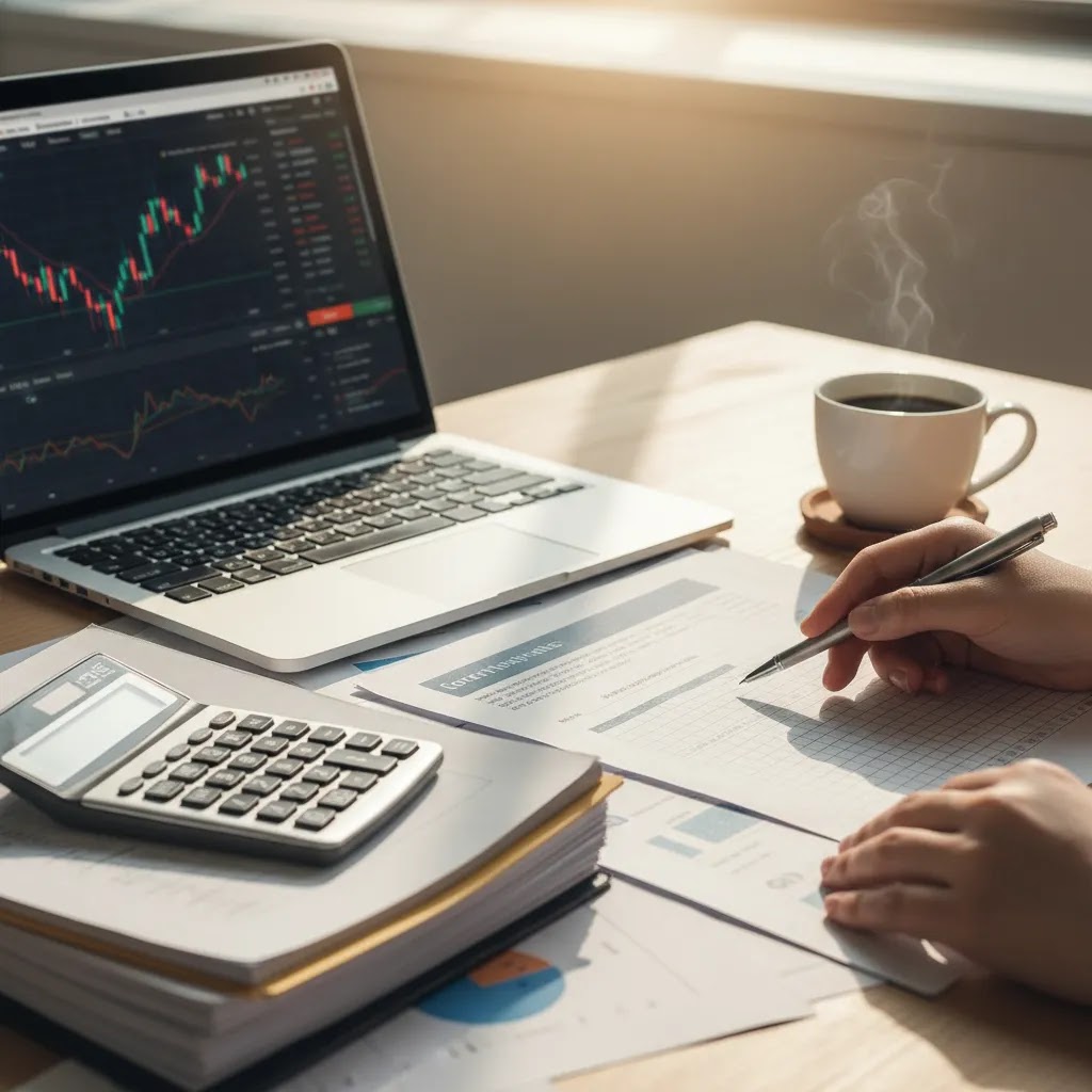 Swap free account illustration showing a trader reviewing an islamic forex account setup and trading documents
