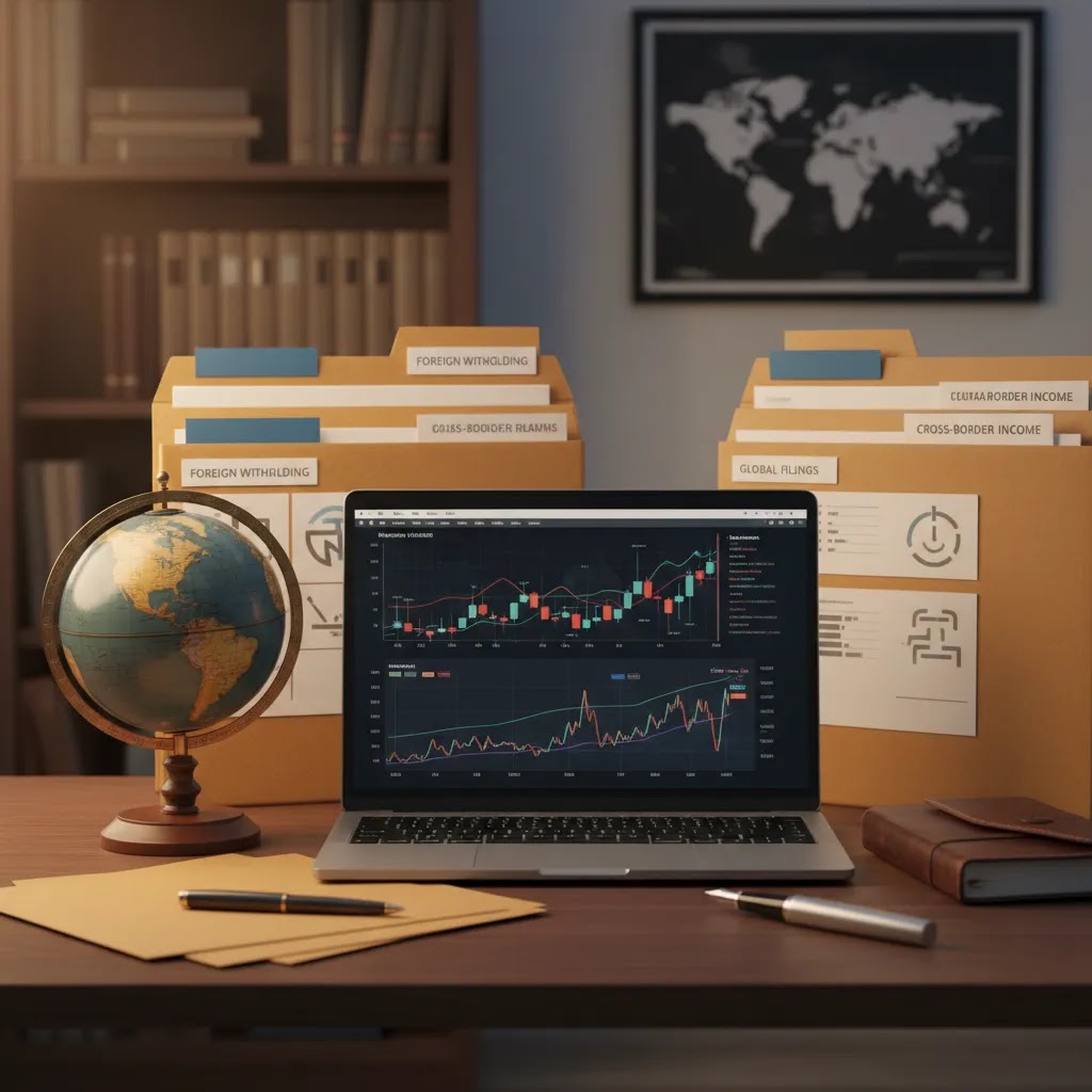 Tax on investments UAE image showing international stock investing workspace with organized records and market charts
