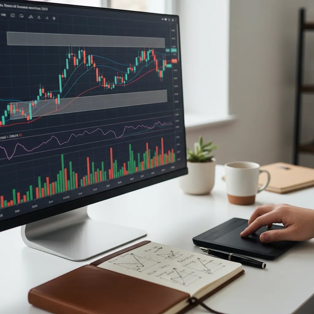 Technical analysis tools and indicators on a professional trading setup