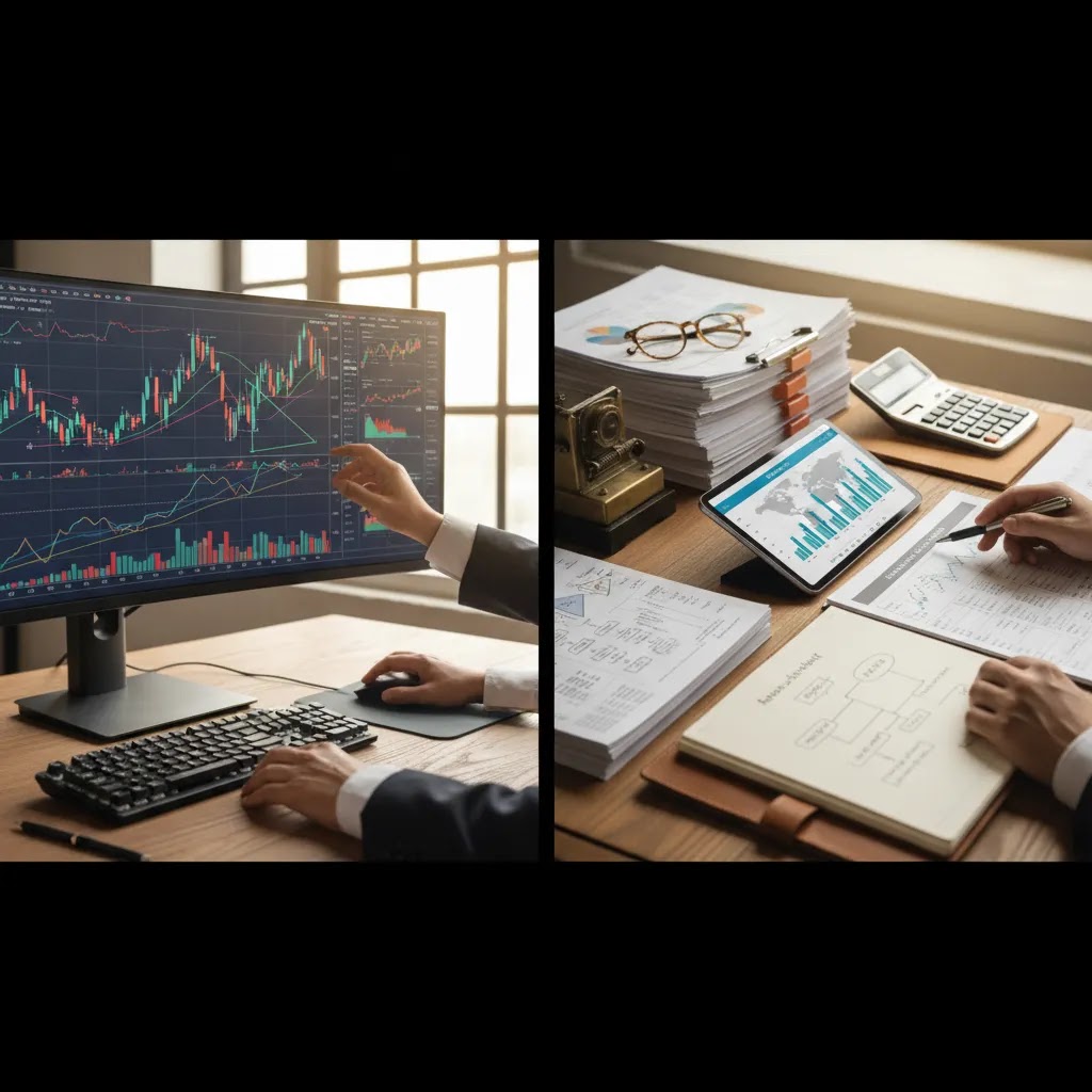 Technical analysis vs fundamental analysis comparison with charts and market research tools