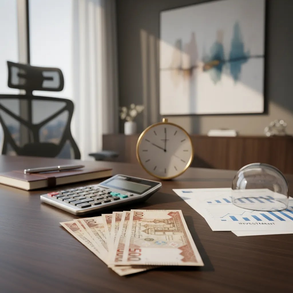 Time value of money concept with UAE dirham cash, calculator, and clock on a modern desk