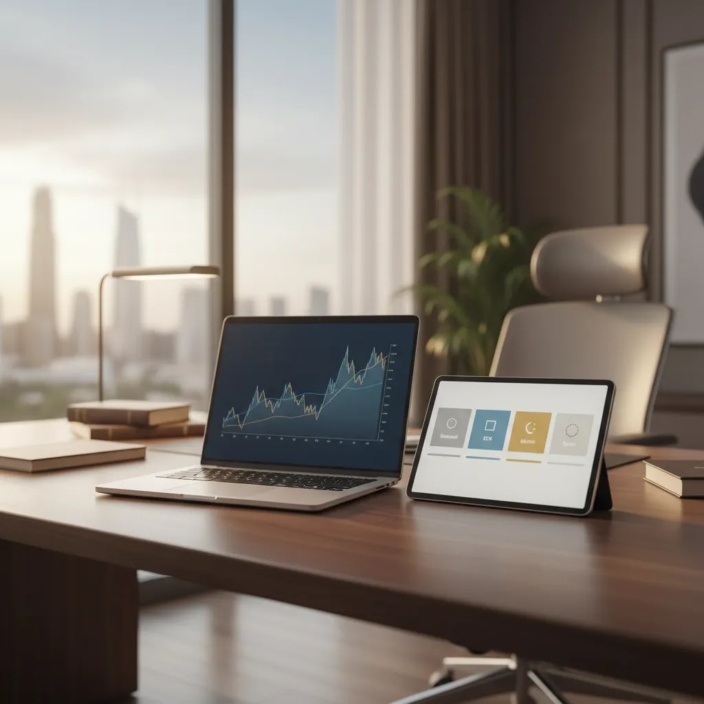 Trading account types comparison with standard ECN Islamic and demo trading account setup on a modern desk