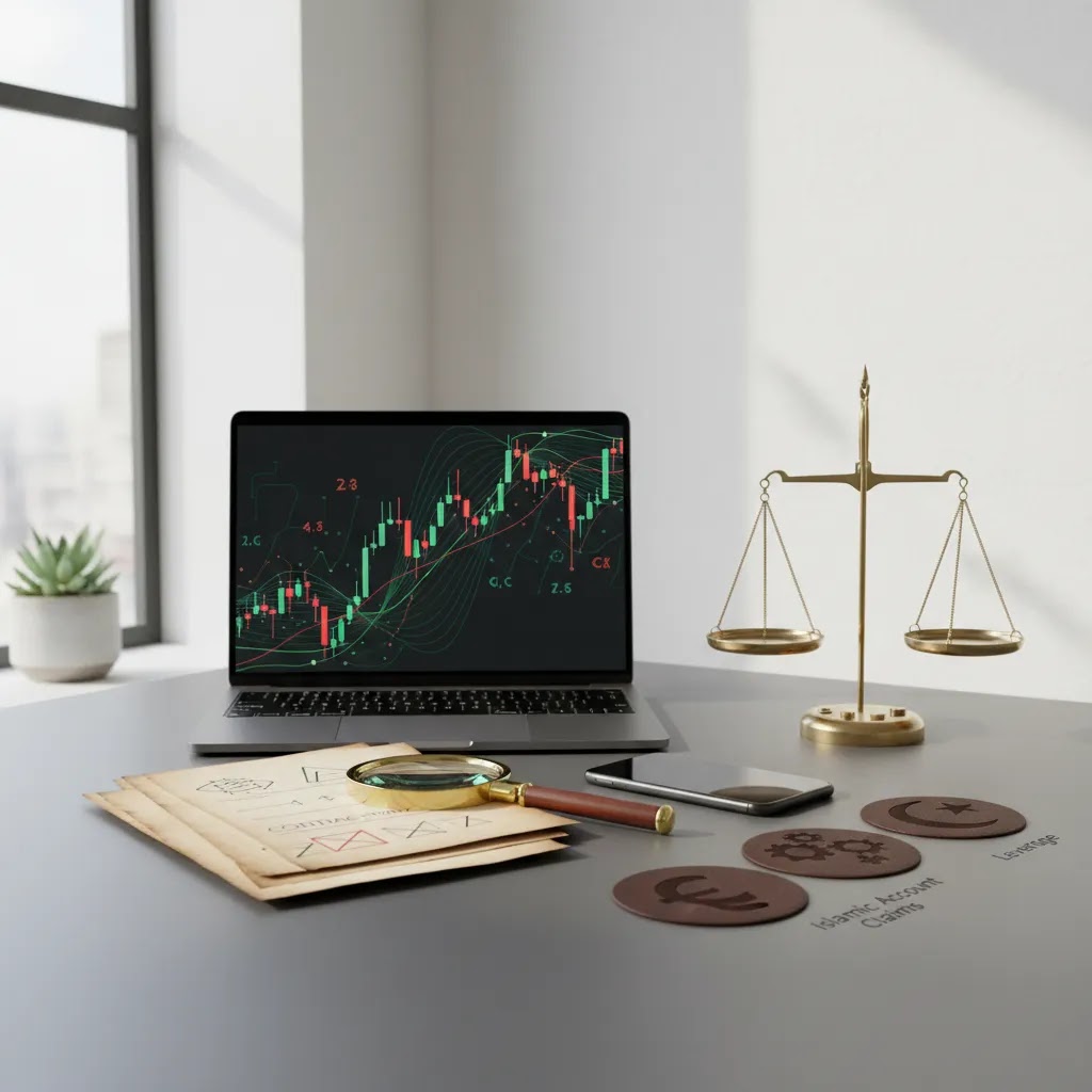 Trading and Islam concept showing broker review, leverage evaluation, and ethical forex account assessment