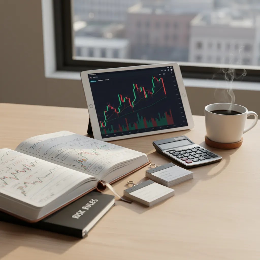 Trading psychology tips illustrated with trading journal, risk rules, and disciplined trader habits