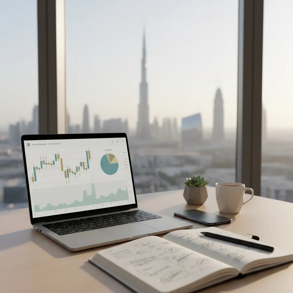 Trading for beginners UAE guide with laptop and charts in a professional workspace