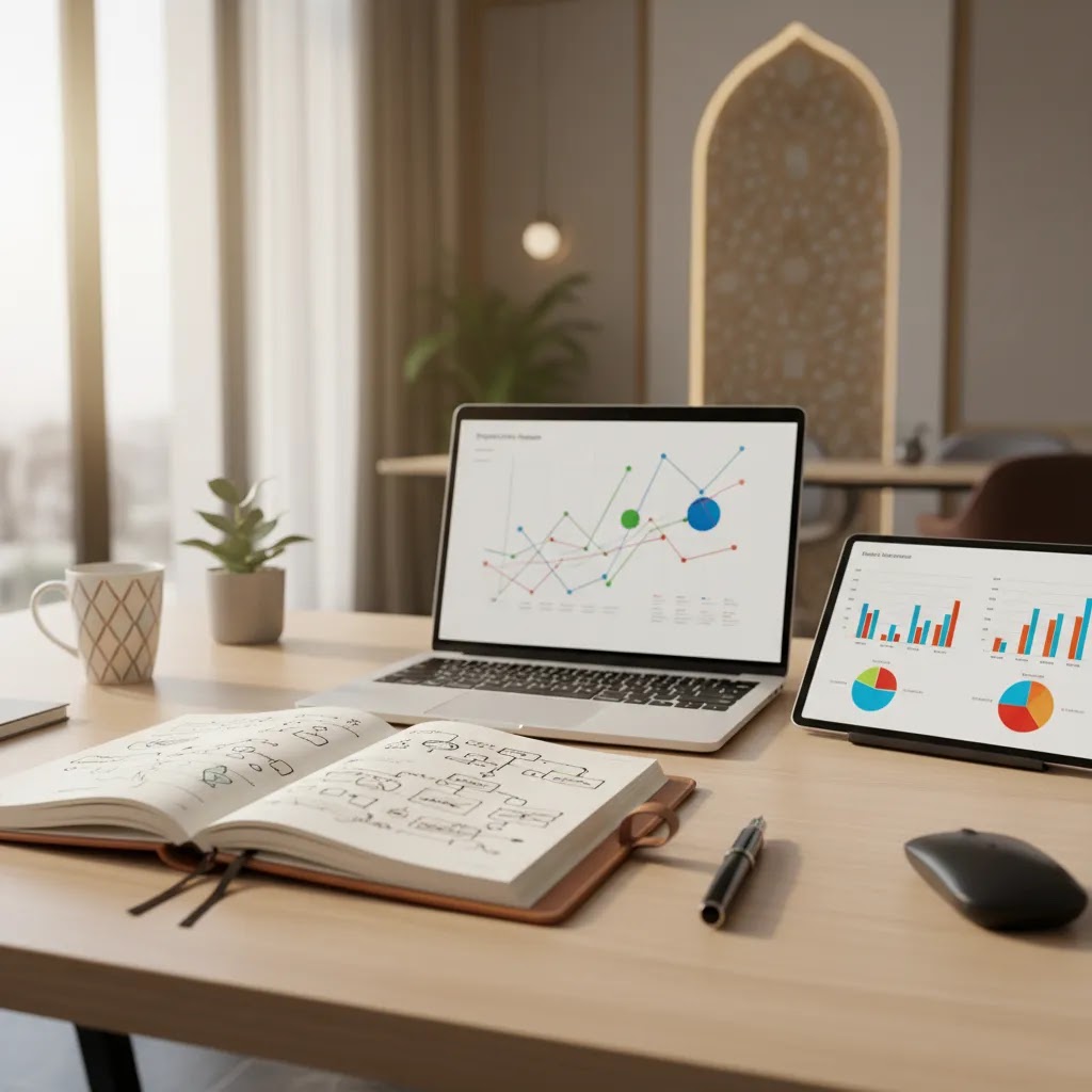 Trading journal workspace with laptop charts, notebook, and risk tracking tools for improving trading results