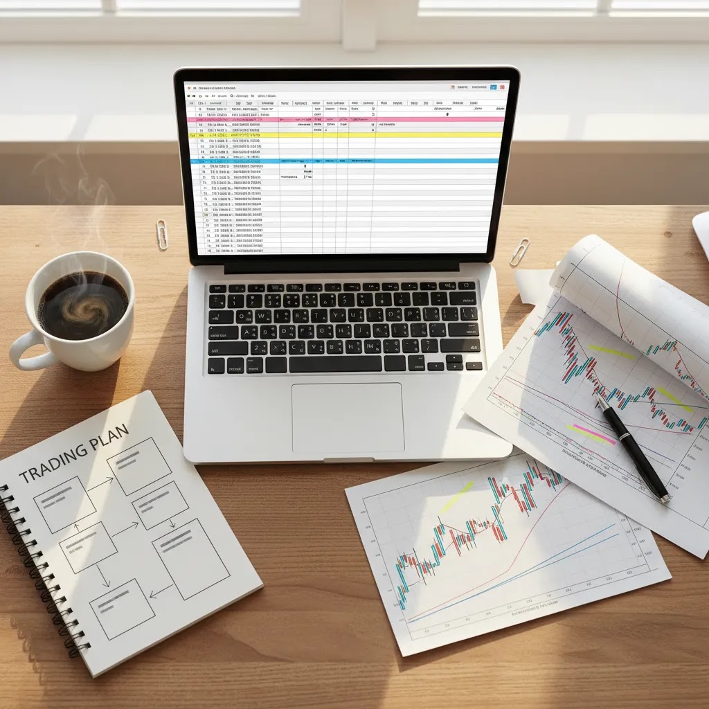 Trading journal template and trading log review routine with spreadsheet and trading plan setup