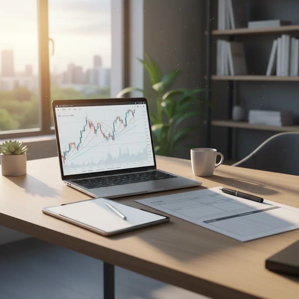 Trading plan template workspace with laptop charts and a structured beginner trading plan setup