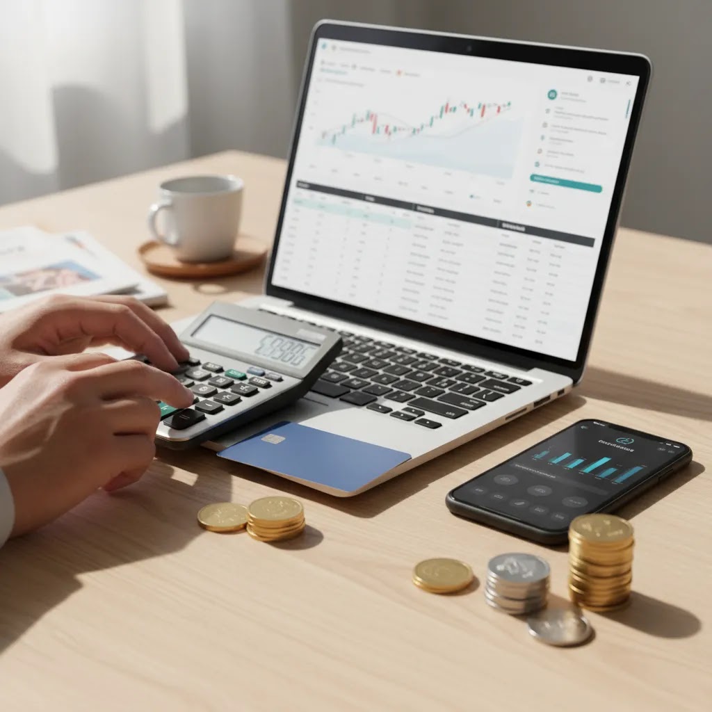 Trading platform fees and features with calculator, laptop charts, smartphone, and funding payment tools