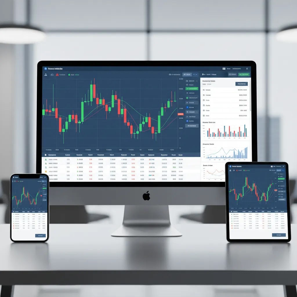 Trading platform meaning illustrated with desktop mobile and tablet online trading platform interfaces