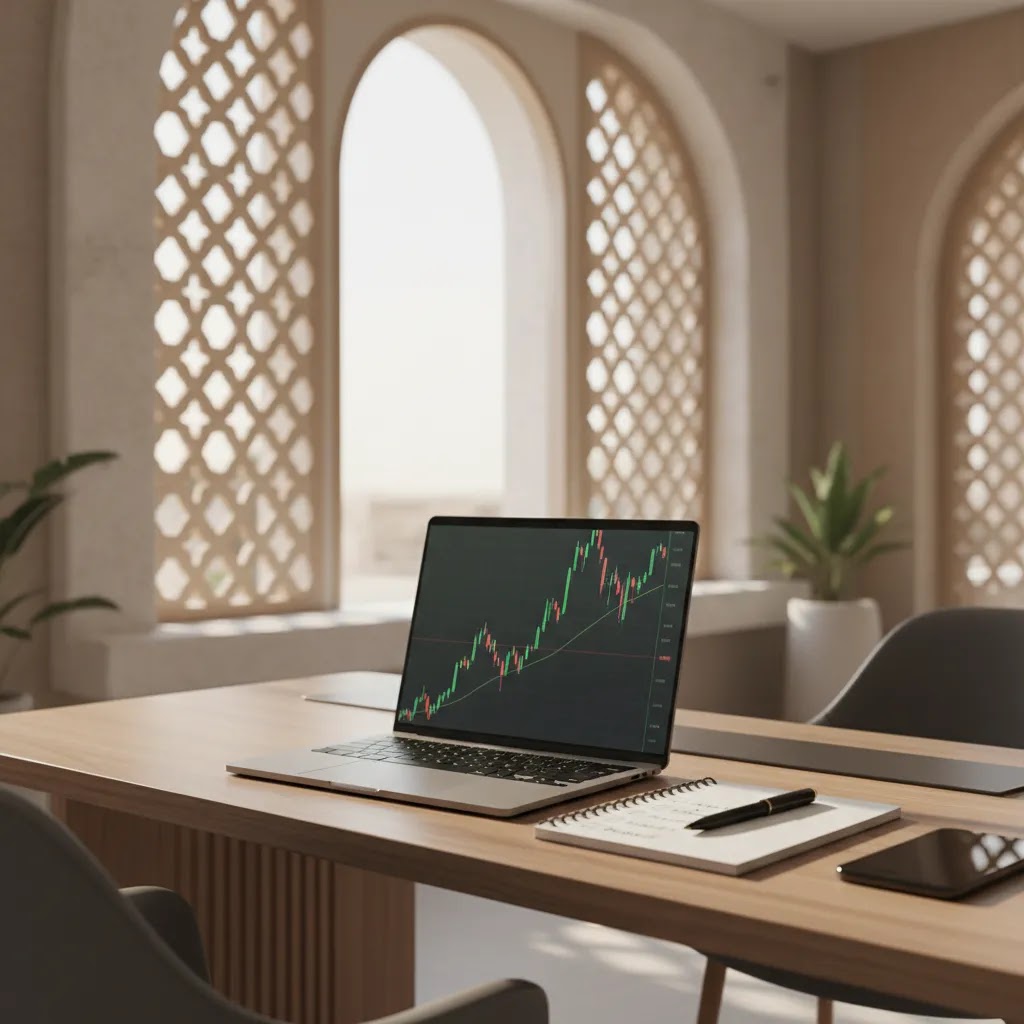 Trading psychology concept with disciplined trading workspace, charts, checklist, and calm professional setup