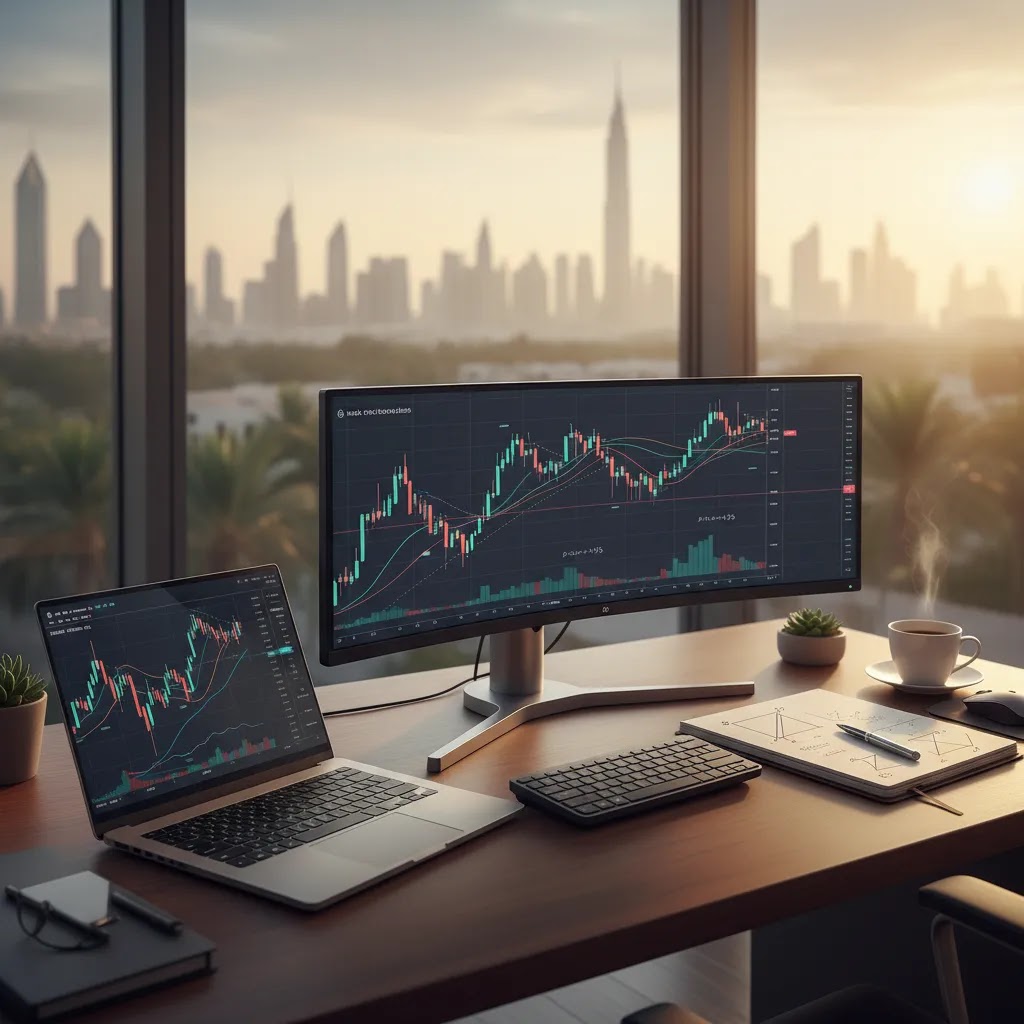 Trading strategies guide visual with market charts and trading plan setup for UAE traders