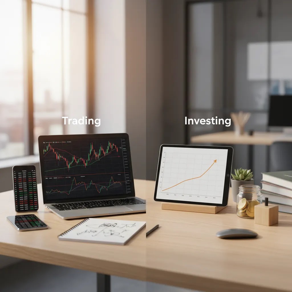 Trading vs investing comparison with short-term market charts and long-term portfolio planning in a professional workspace