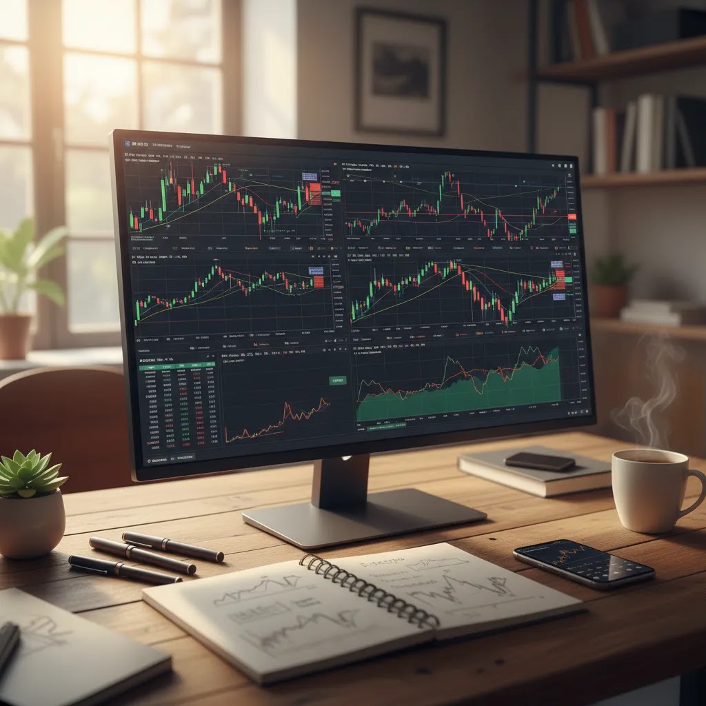 TradingView chart and indicators setup showing technical analysis on a professional desk