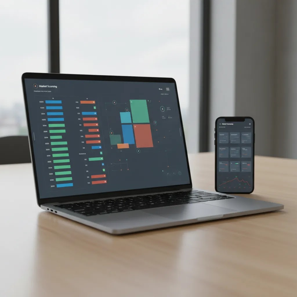 TradingView screener and alerts displayed across laptop and mobile devices