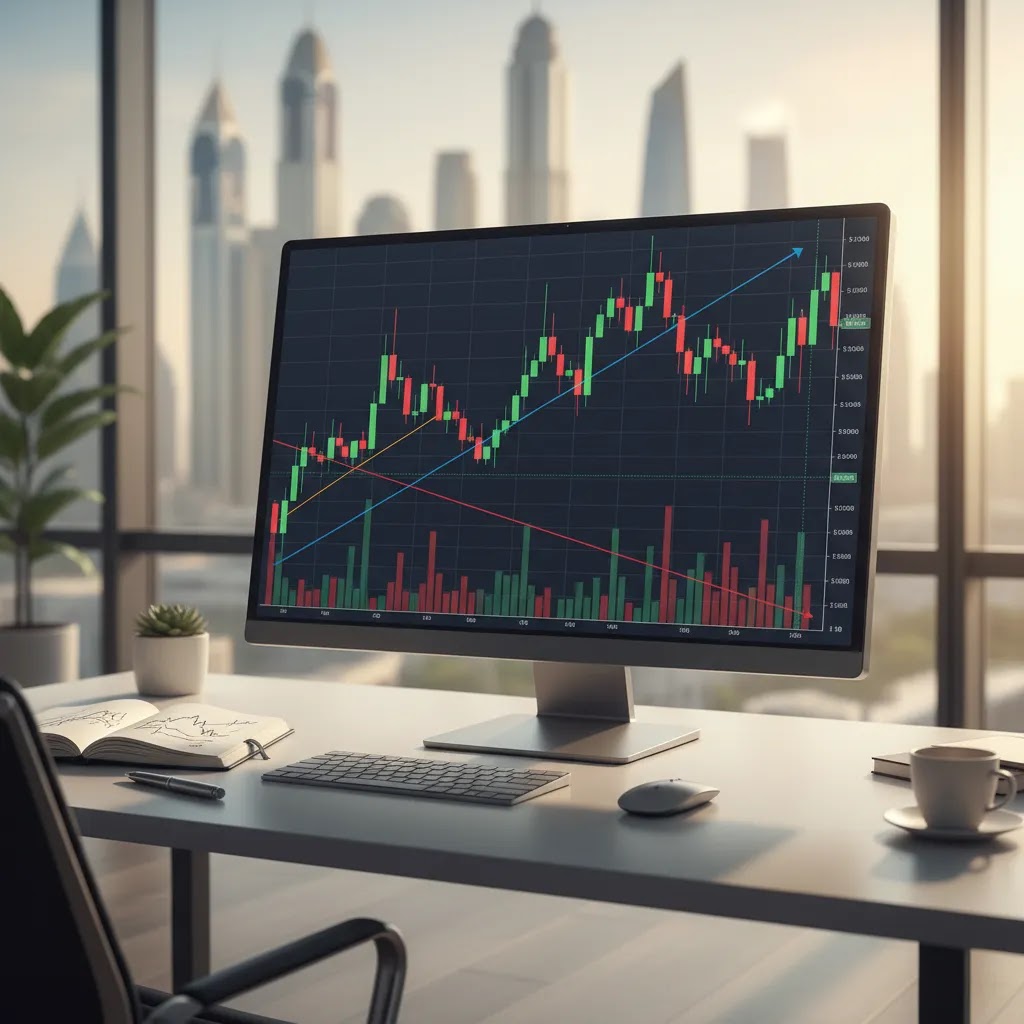 Trend line trading guide hero image showing a professional chart setup with uptrend and downtrend lines