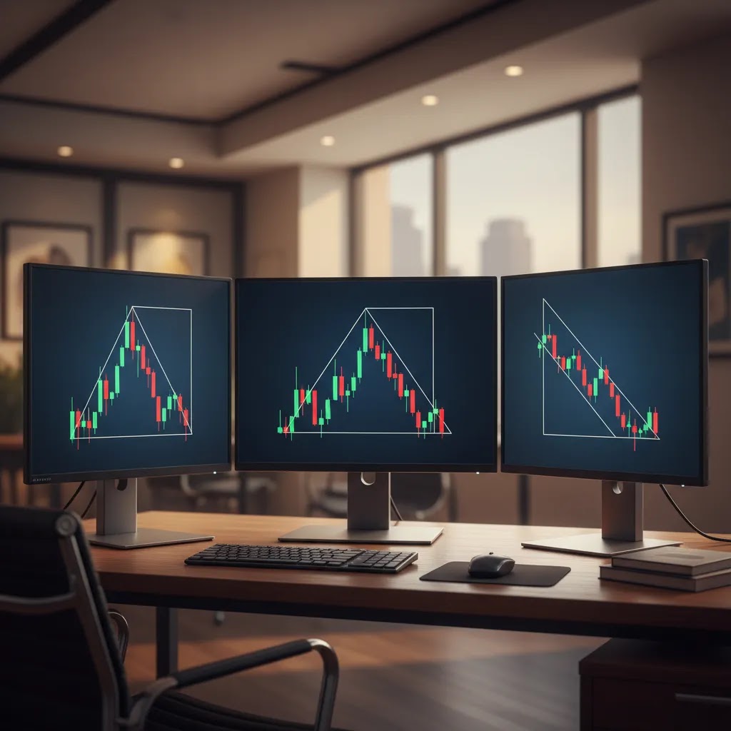 Flag pattern trading guide image comparing triangle pattern and wedge pattern chart formations for breakout analysis