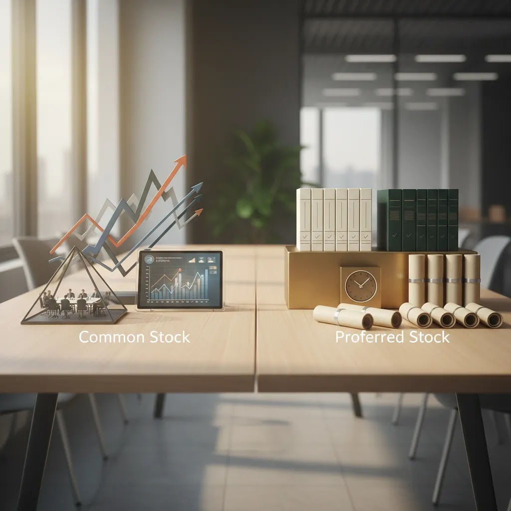 Types of stocks visual showing common stock and preferred stock in a clean side by side financial comparison