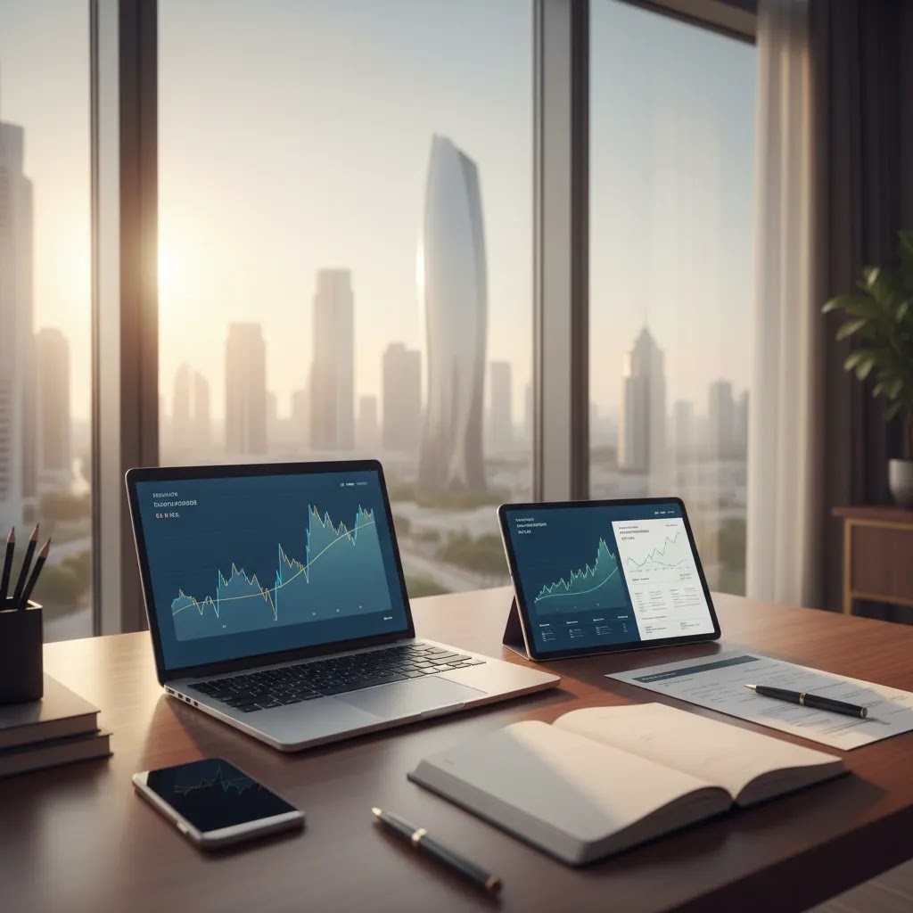 UAE IPO guide hero image showing a professional investor workspace for understanding how to invest in a UAE IPO