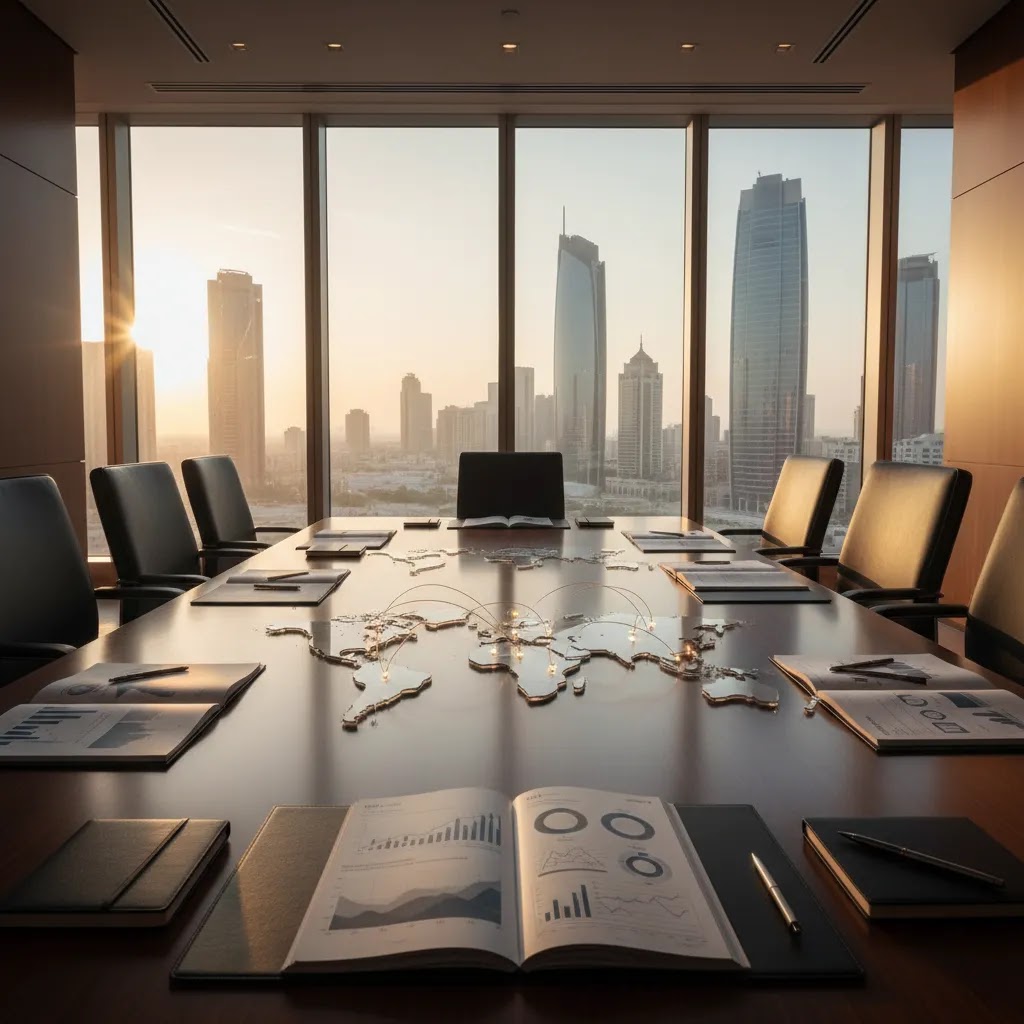 UAE sovereign wealth funds concept image showing Abu Dhabi financial district and global investment strategy