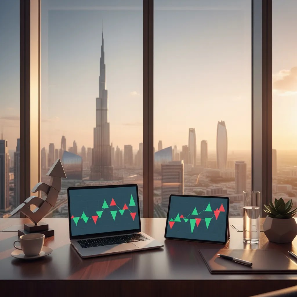 UAE stock market guide hero image showing investor workspace with charts and Dubai Abu Dhabi skyline