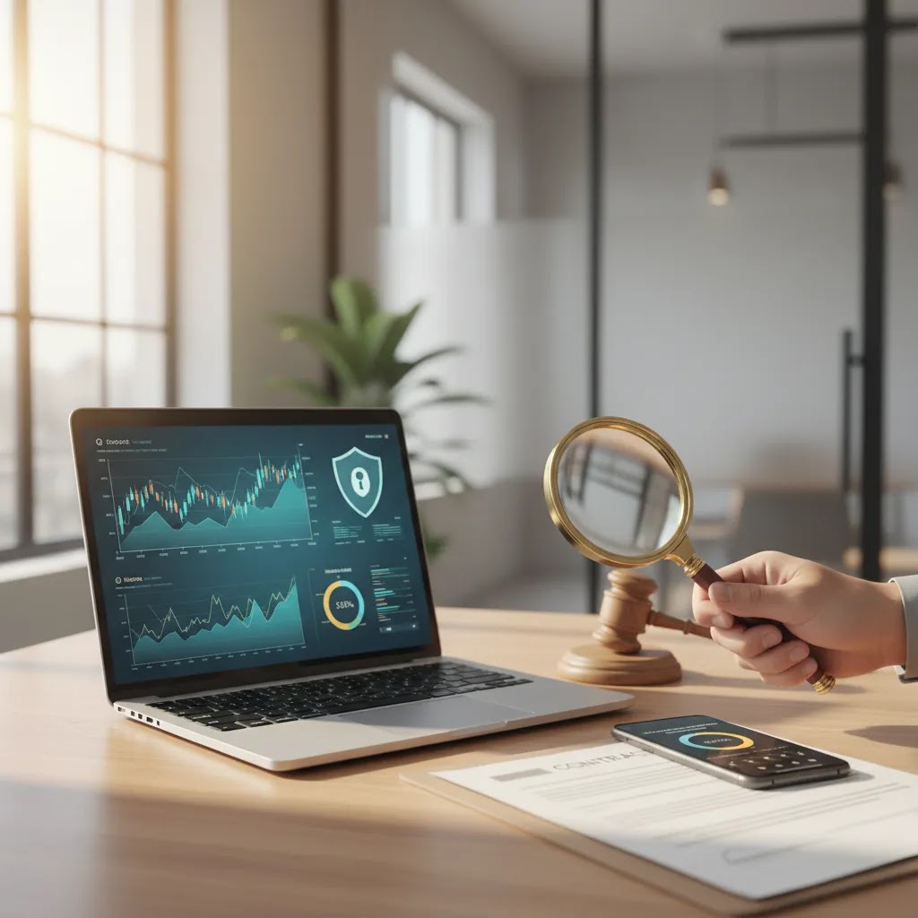 UAE stock market regulation and broker access concept with secure trading devices and investor protection visuals