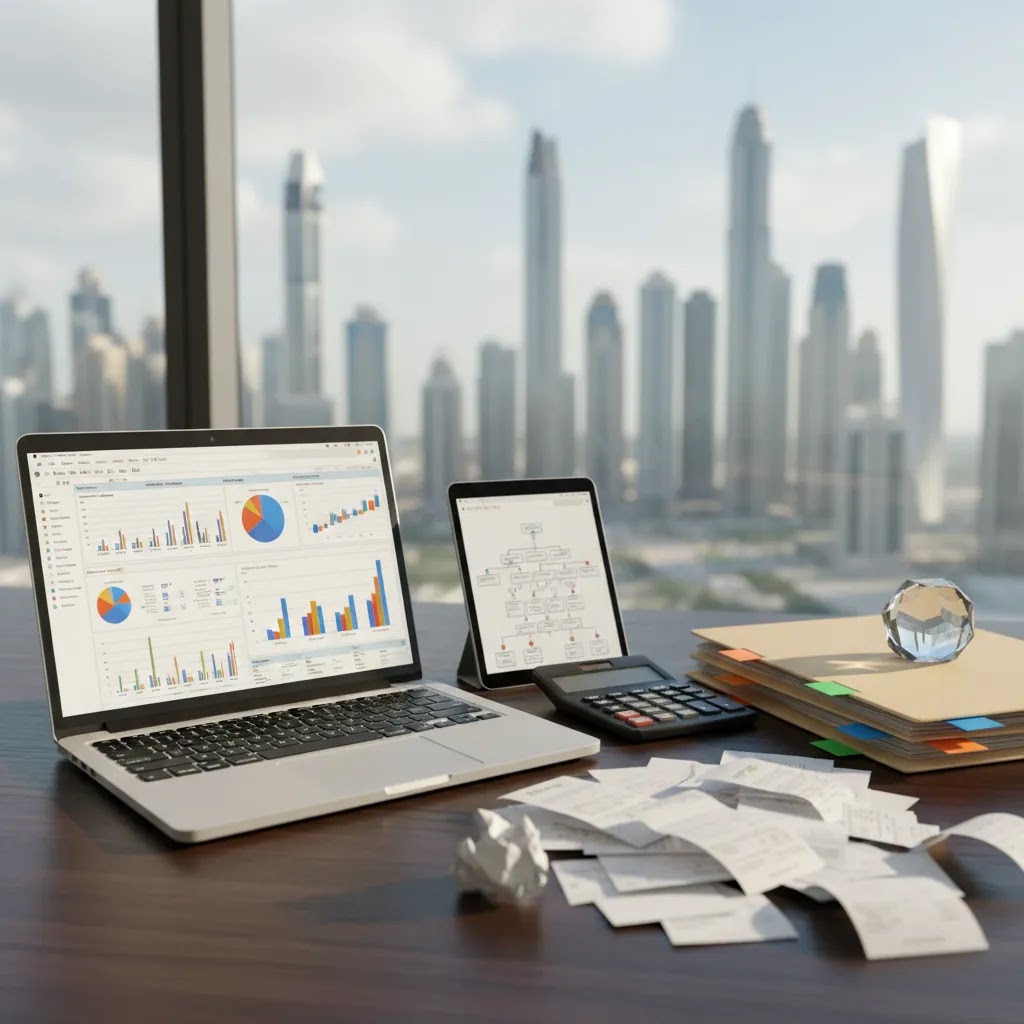 UAE trading tax system illustration with finance workstation representing VAT and corporate tax for traders