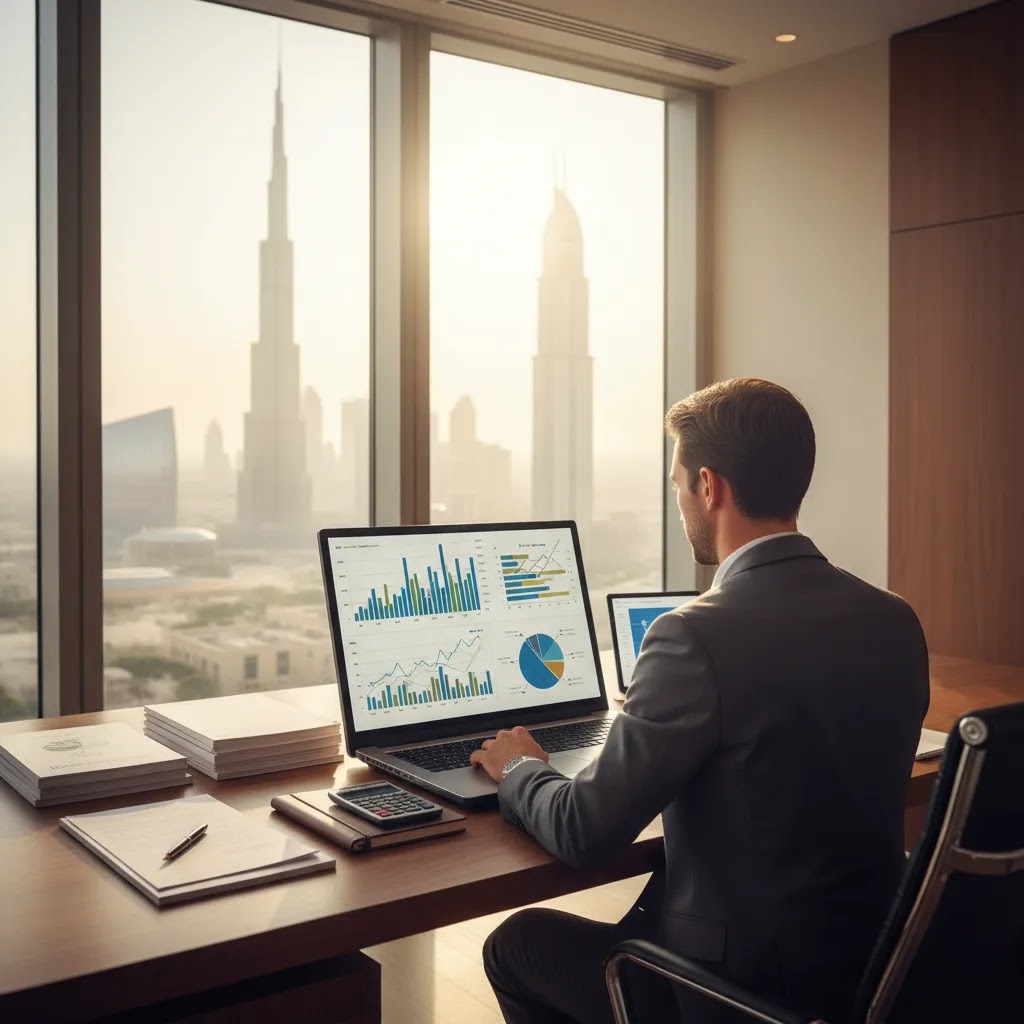 UAE trading tax guide hero image showing investor desk with market charts and financial planning tools in a modern Dubai office
