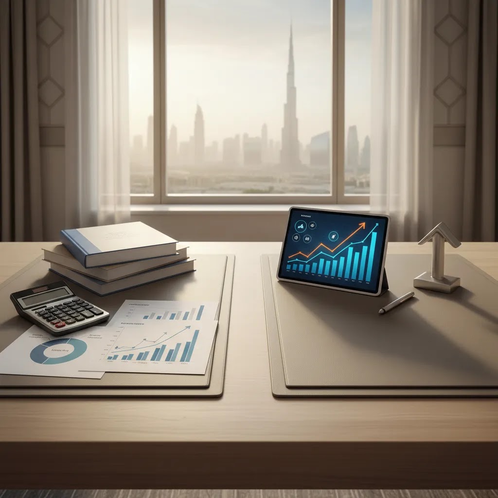 Value investing vs growth investing comparison scene for UAE investors with portfolio charts and financial analysis