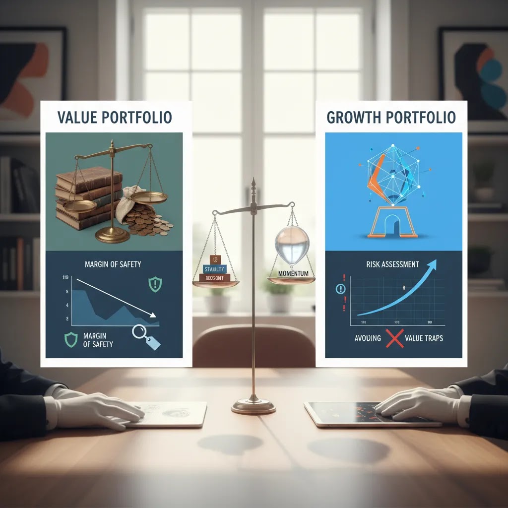 Value vs growth stocks comparison showing risk analysis, margin of safety, and investing choices