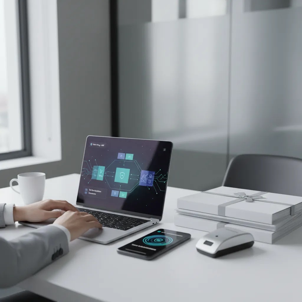 VAT filing in UAE through secure digital tools with laptop, smartphone, and organized tax paperwork