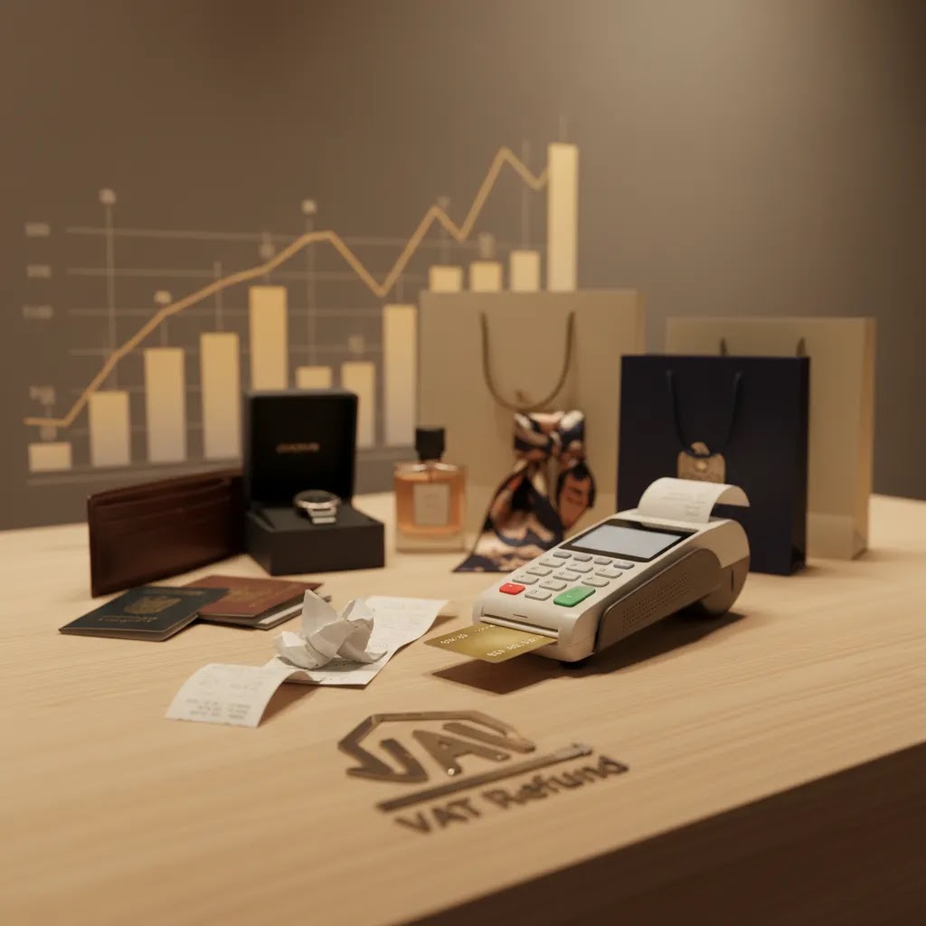 VAT rate UAE and tourist VAT refund concept with retail purchases, receipts, and travel items