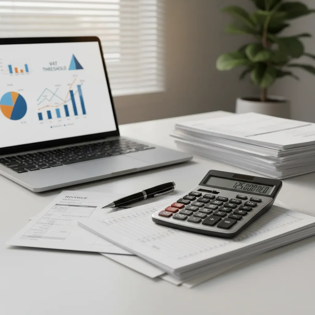 VAT registration UAE concept showing calculation tools, invoices, and business accounting workspace