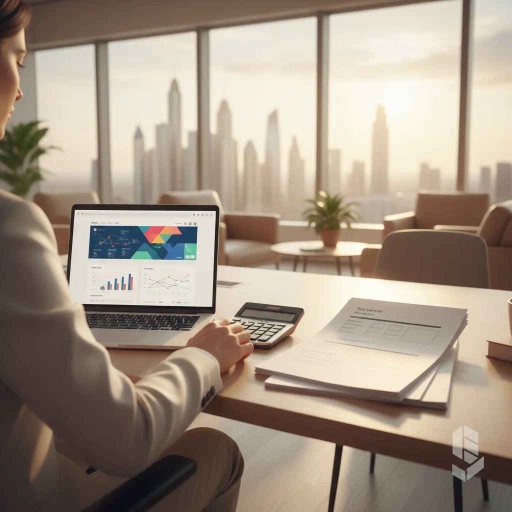 VAT UAE guide with business desk, tax documents, calculator, and laptop in a professional Dubai office