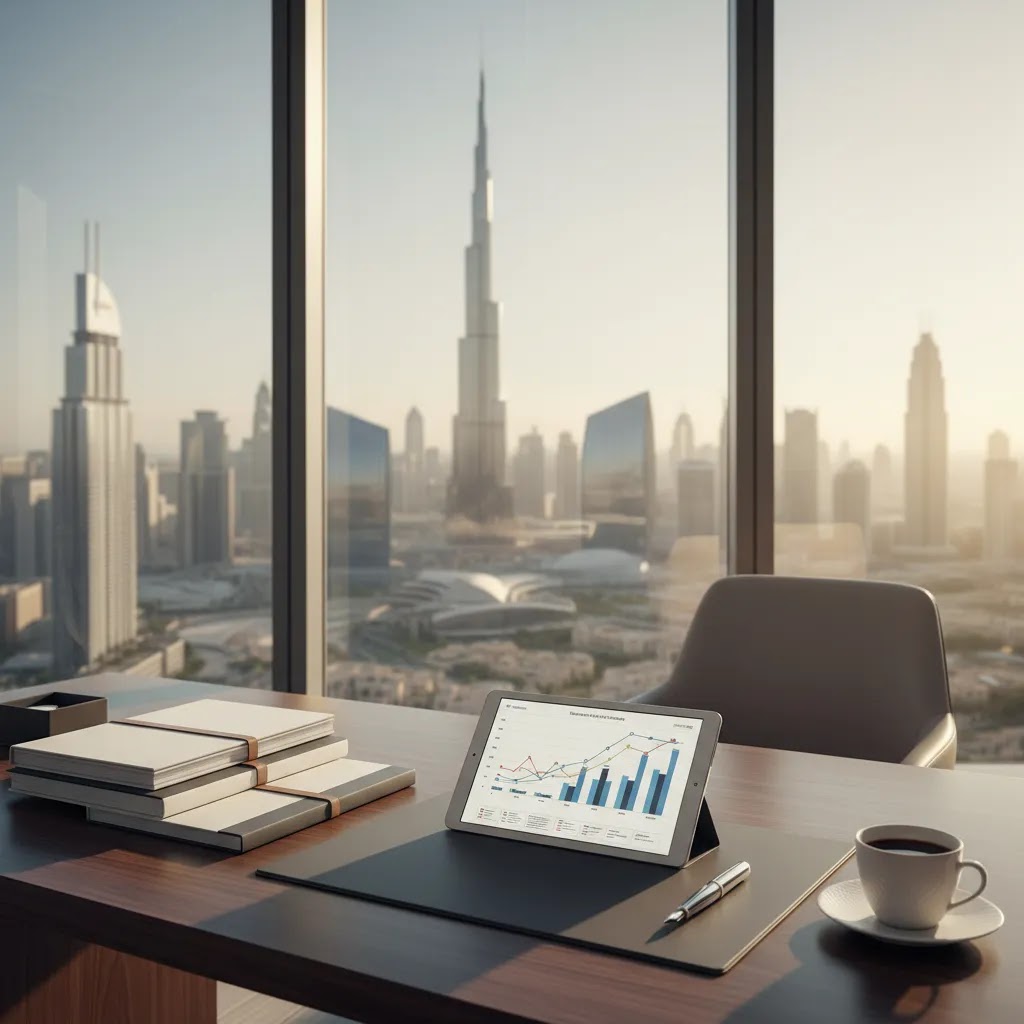 Wealth management Dubai planning scene with financial documents and skyline office view