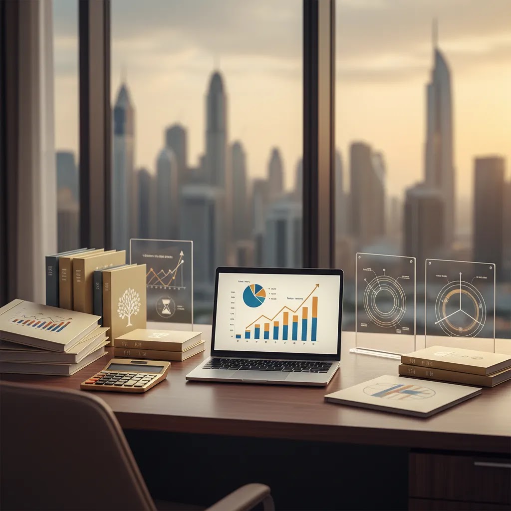 Wealth management services Dubai concept showing financial planning and portfolio management tools