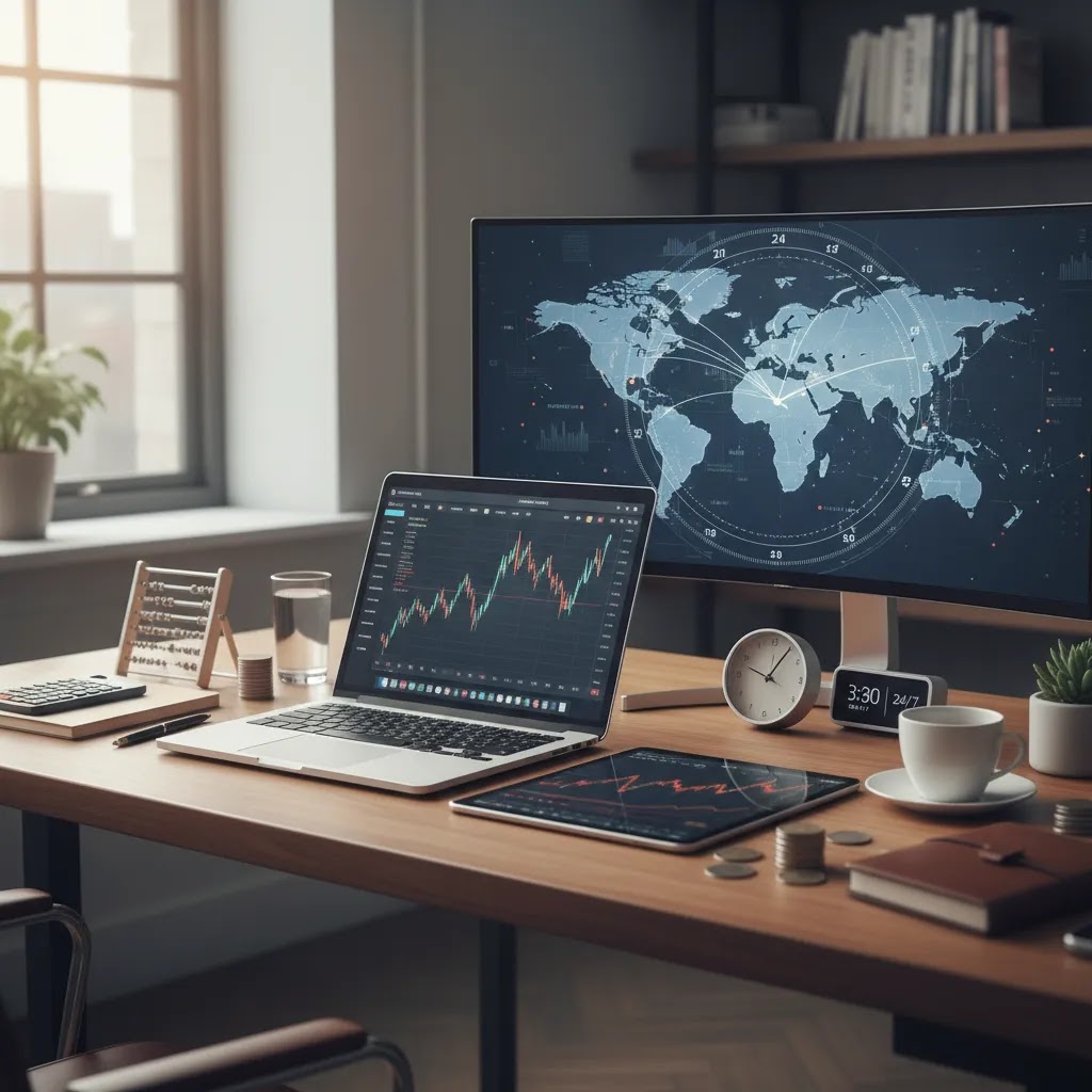 Benefits of forex trading shown through global market access and multi-device trading setup